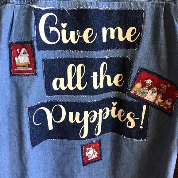 Upcycled Denim Patchwork Shirt, Size L: Give Me All the Puppies Dog Lover Jacket - Picture 4 of 9